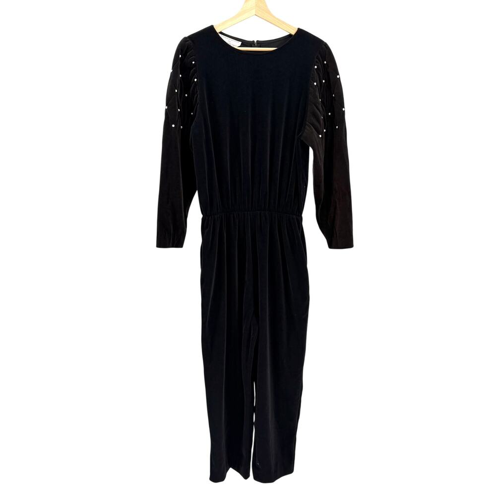 Vintage 80s Leigh Karmitz Periphery Black Velour Faux Pearl Jumpsuit